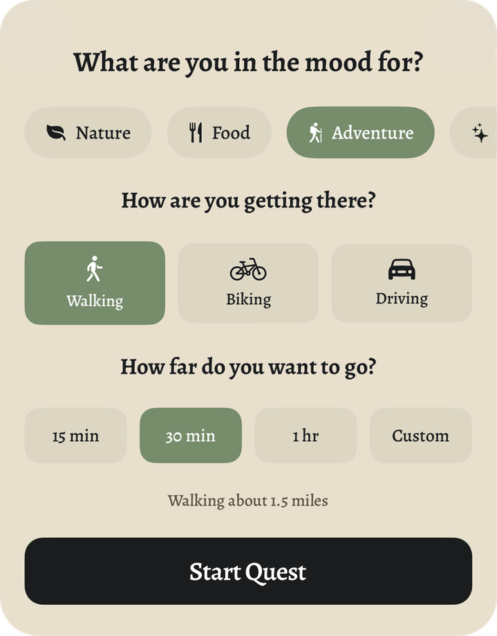 Sidequest quest setup: pick a mood, transit, and distance